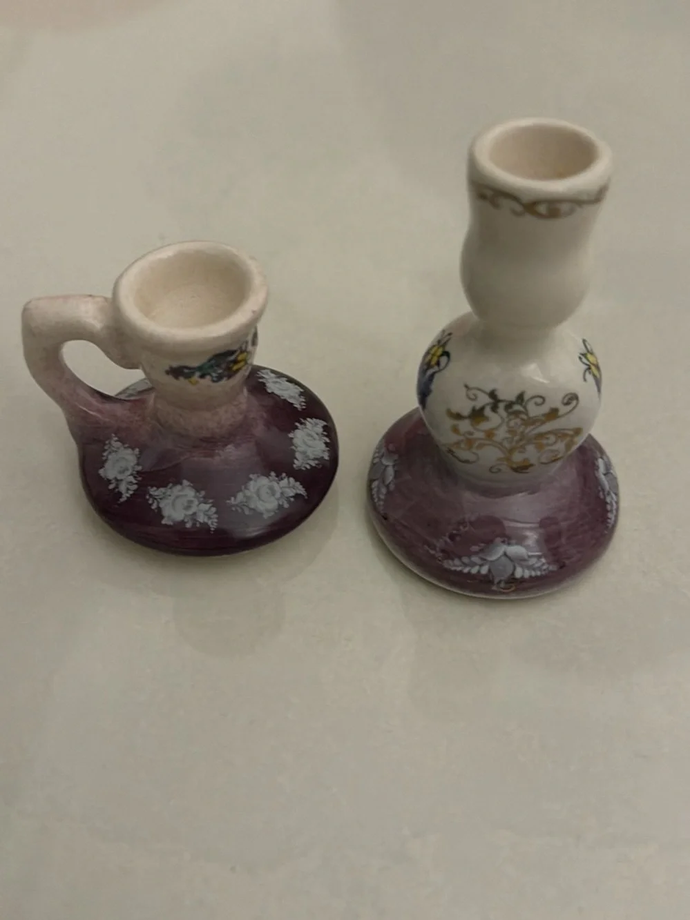 Hand-Painted Ceramic Candle Holders in Purple and White